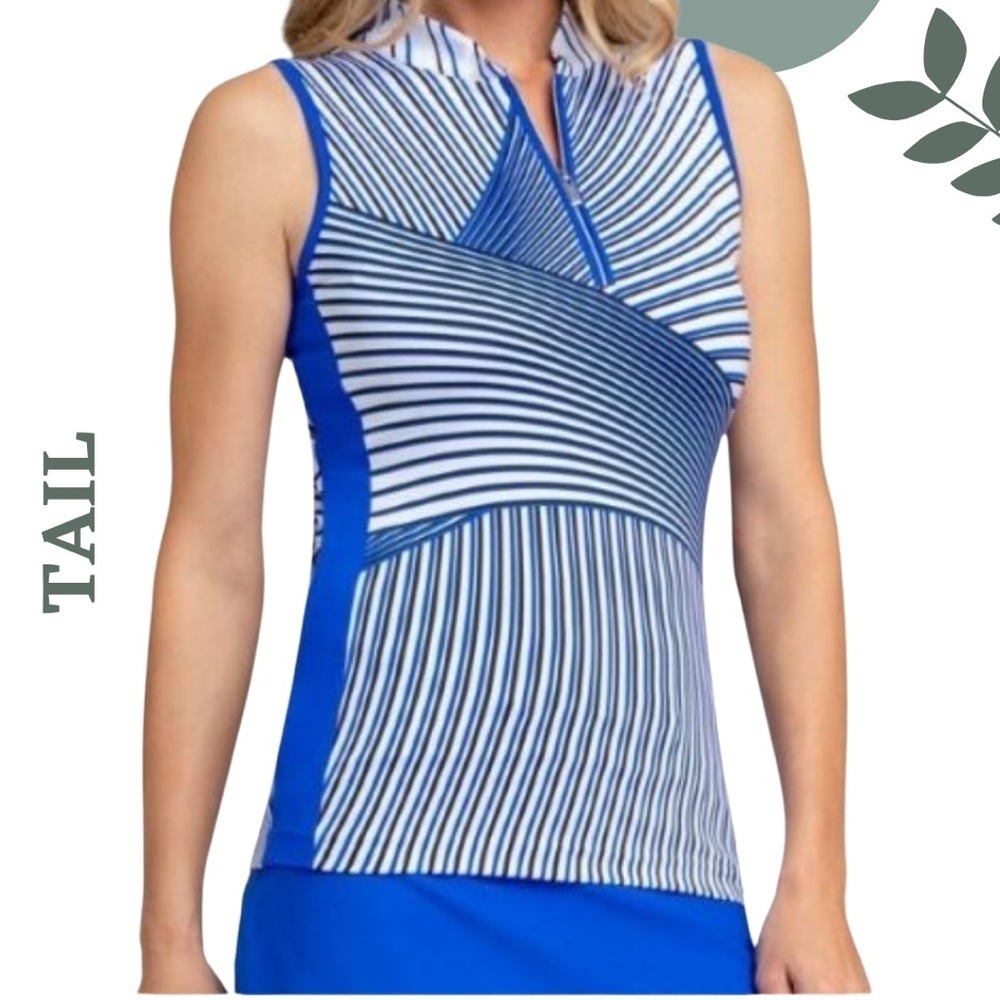 Tail UPF 50+ Sleeveless Golf Top in Modern Stripe Design Blue & White Medium